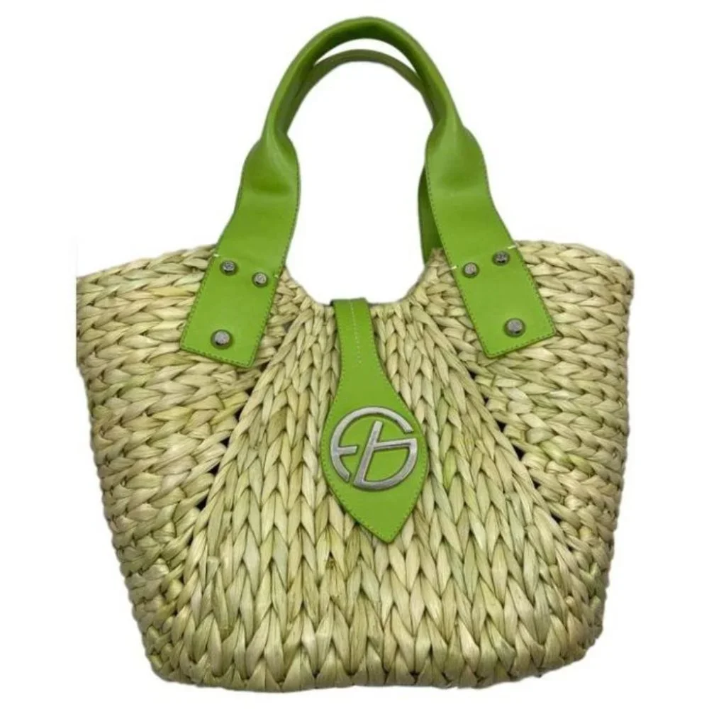 Francesco Biasia Straw Shoulder Tote with Lime Green Leather Accents